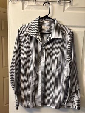 Chico's Navy and White Vertical Stripe Dress Shirt